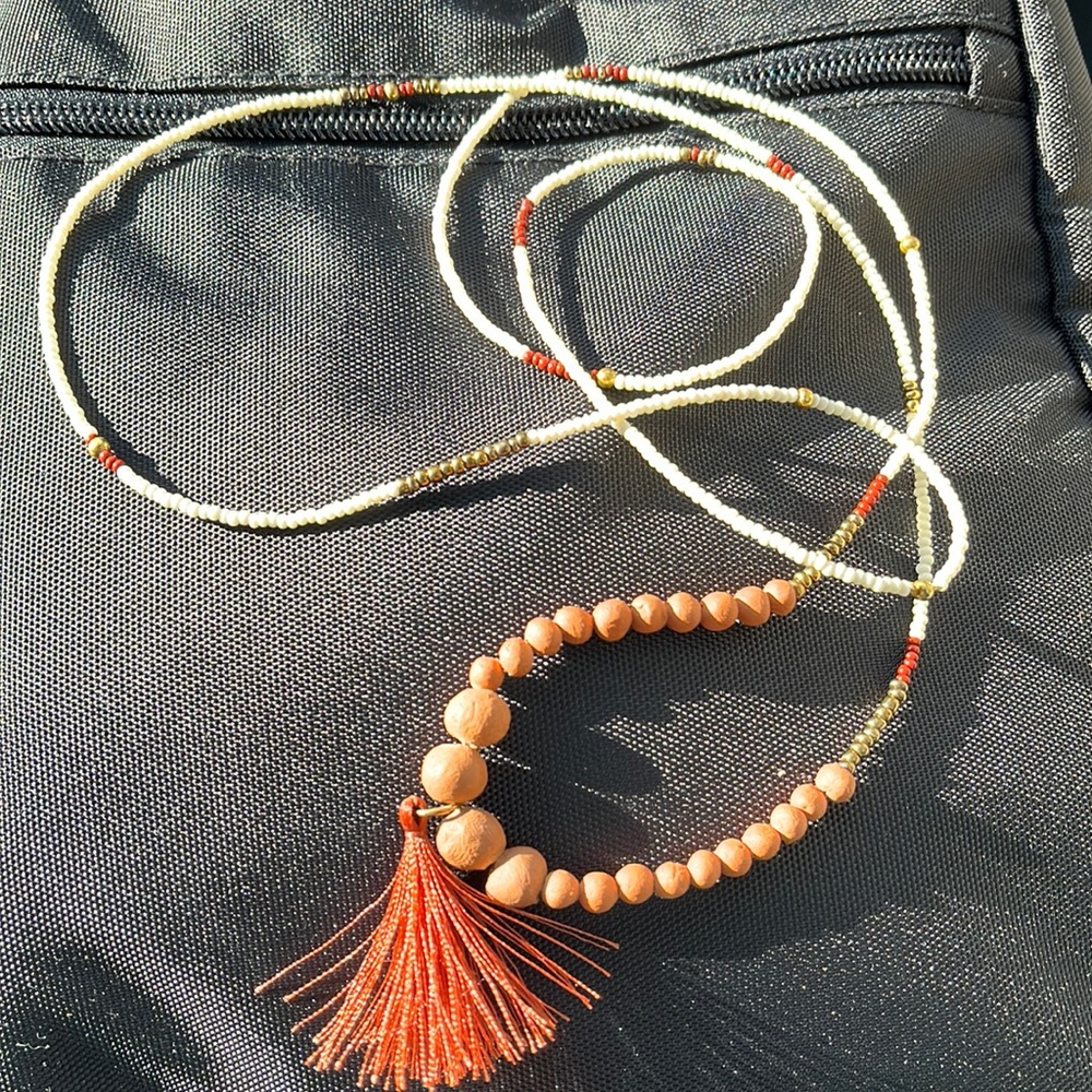 Noonday glass and clay bead necklace w/ tassel EUC